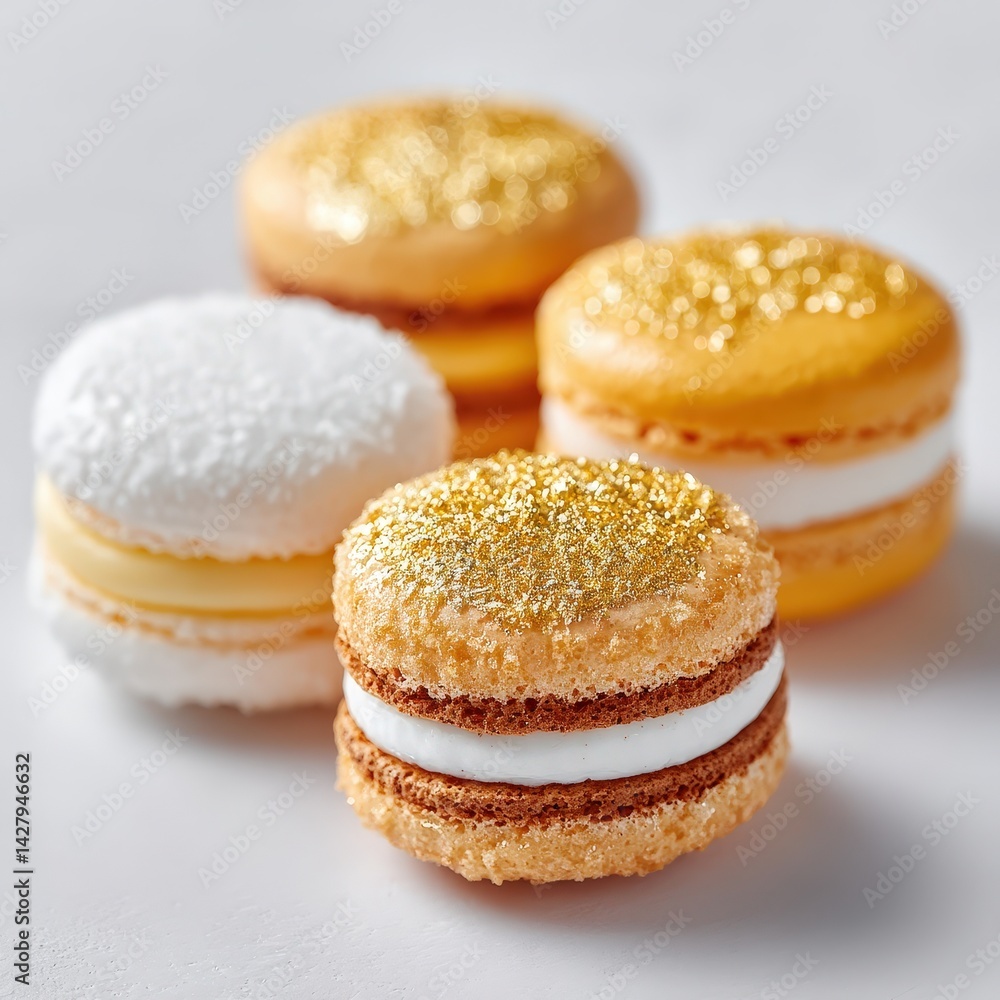 Fine French pastry selection, gold flakes accent, pure white background Fine French pastry selection, gold flakes accent, pure white background