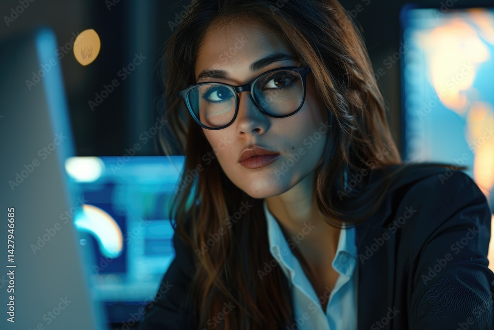 Indian Female IT Professional with Glasses Working on a ComputerFictional Character Created By Generative AI Indian Female IT Professional with Glasses Working on a ComputerFictional Character Created By Generative AI