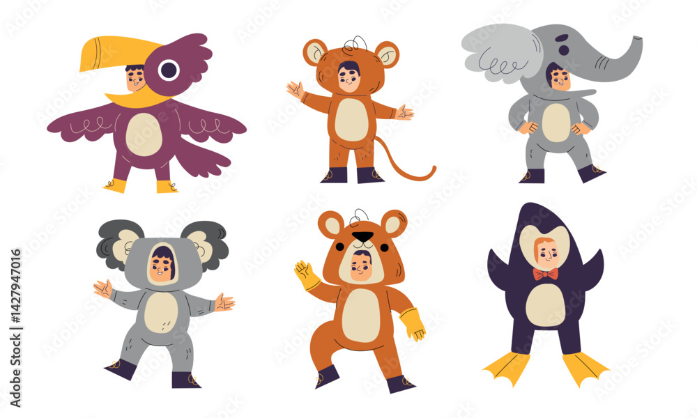 Naklejka premium Joyful and Playful Kids Dressed in Adorable Animal Costumes Fun Characters in Vibrant Colors