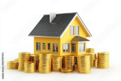 Yellow house model surrounded by stacks of coins on white background