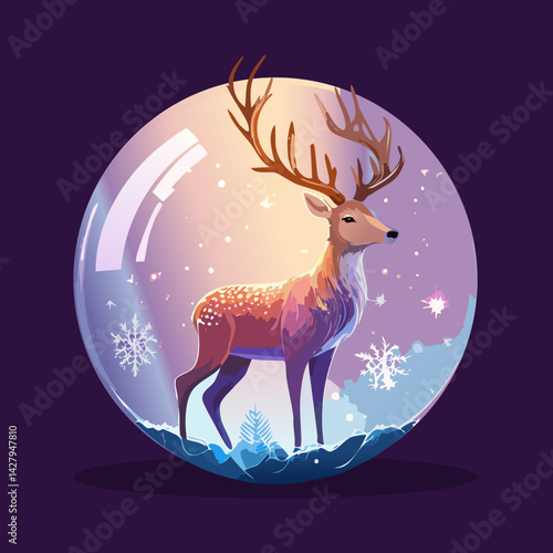 Illustration of Majestic Deer in a Magical Snow Ball - Vector Design
