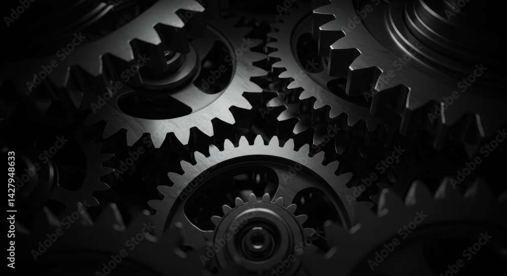 Black gears interlocking in a mechanical system on dark background Black gears interlocking in a mechanical system on dark background