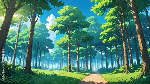 A serene forest scene with tall, lush trees under a clear blue sky, anime style	