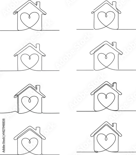 One Line Drawing House with Heart,    Home Sweet Home Illustrations vector  illustration on  white background, minimalist continuous line art illustrations of houses with hearts. Perfect for home dec
