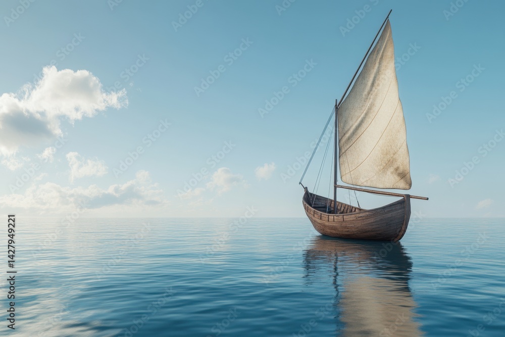Fototapeta premium A lone wooden sailboat on a calm ocean under a clear sky