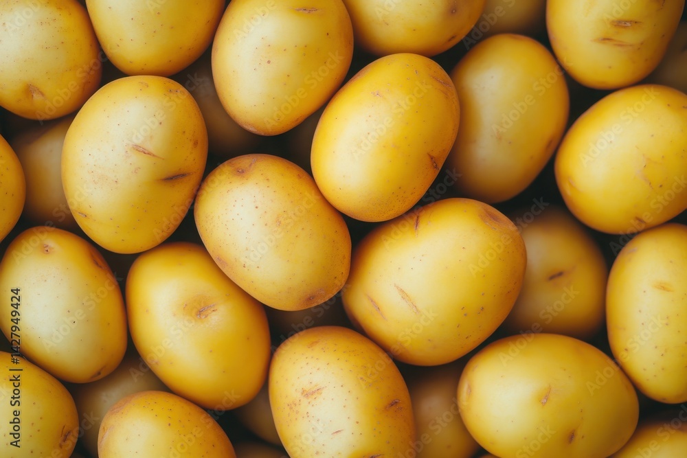 Pile of fresh yellow potatoes arranged closely together Pile of fresh yellow potatoes arranged closely together