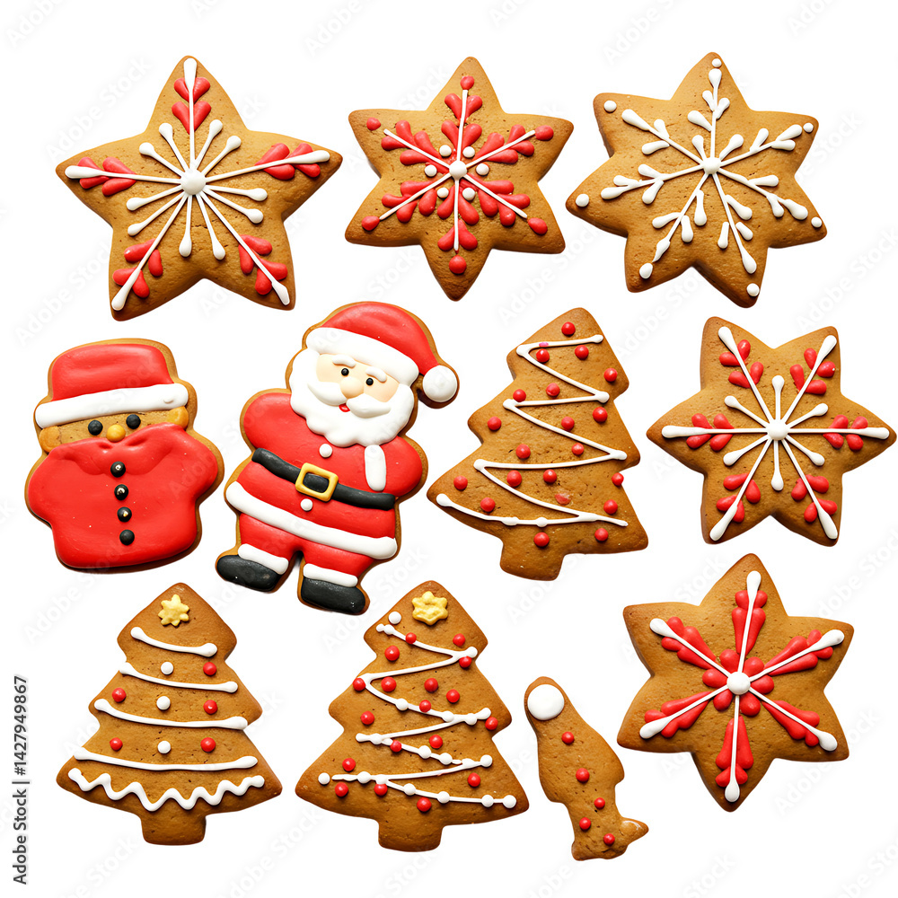 Fototapeta premium Christmas cookies set with Santa trees and snowflakes on transparent background