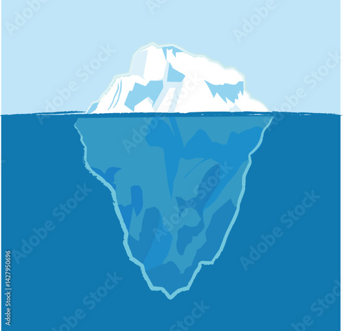 Vector illustration of an iceberg floating in the ocean, showing both the visible tip and the submerged base. Clean, minimal design ideal for concepts like depth, mystery, and hidden truths.