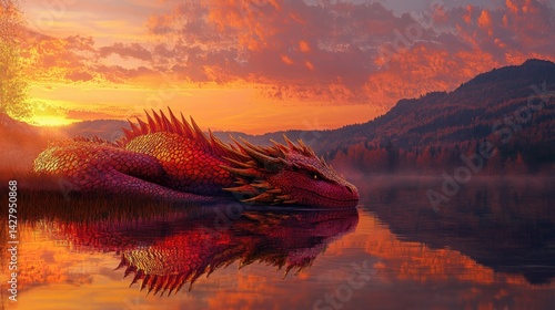 A fierce black dragon with glowing orange eyes and fiery breath stands on a rugged