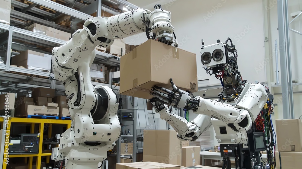 Robots collaborating in a modern warehouse. Robots collaborating in a modern warehouse.