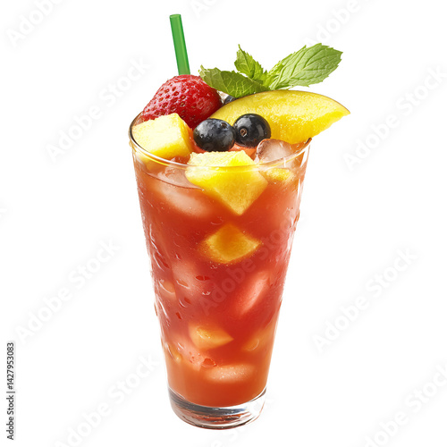Refreshing tropical fruit punch cocktail with strawberry, mango, and blueberries in a tall glass with ice cubes on a transparent background Concept of summer, refreshment, and healthy drink