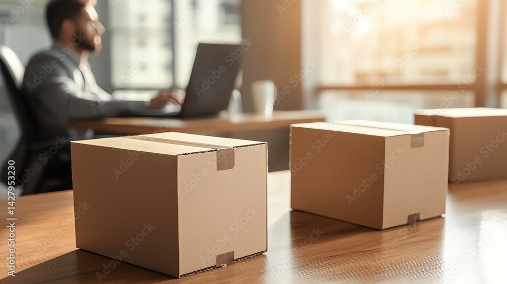 Workspace with cardboard boxes and laptop. Workspace with cardboard boxes and laptop.