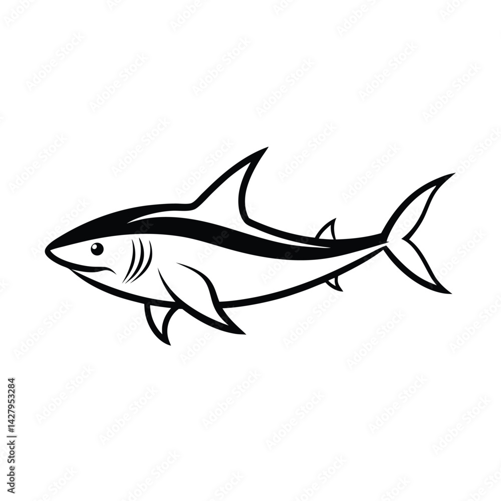Fototapeta premium Minimalist black and white shark illustration swimming with distinctive fins and striking tail design
