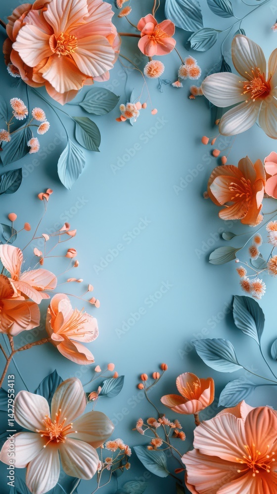 A Beautiful White and Peach Floral Arrangement on a Blue Background for Wedding, Birthday, Invitation Card, Wallpaper, Spring Decoration etc. A Beautiful White and Peach Floral Arrangement on a Blue Background for Wedding, Birthday, Invitation Card, Wallpaper, Spring Decoration etc.
