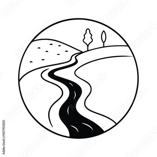 Minimalist landscape circle icon river hills and trees black and white line art