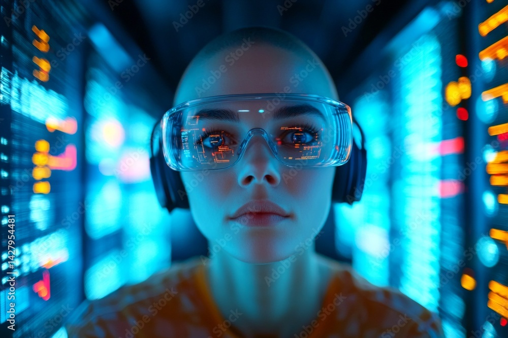 Graphs and computer text reflections in her glasses. Visual idea of female computer expert, machine learning. Software tester analyzing bug reports. Background is a dark room with cloud racks. Graphs and computer text reflections in her glasses. Visual idea of female computer expert, machine learning. Software tester analyzing bug reports. Background is a dark room with cloud racks.