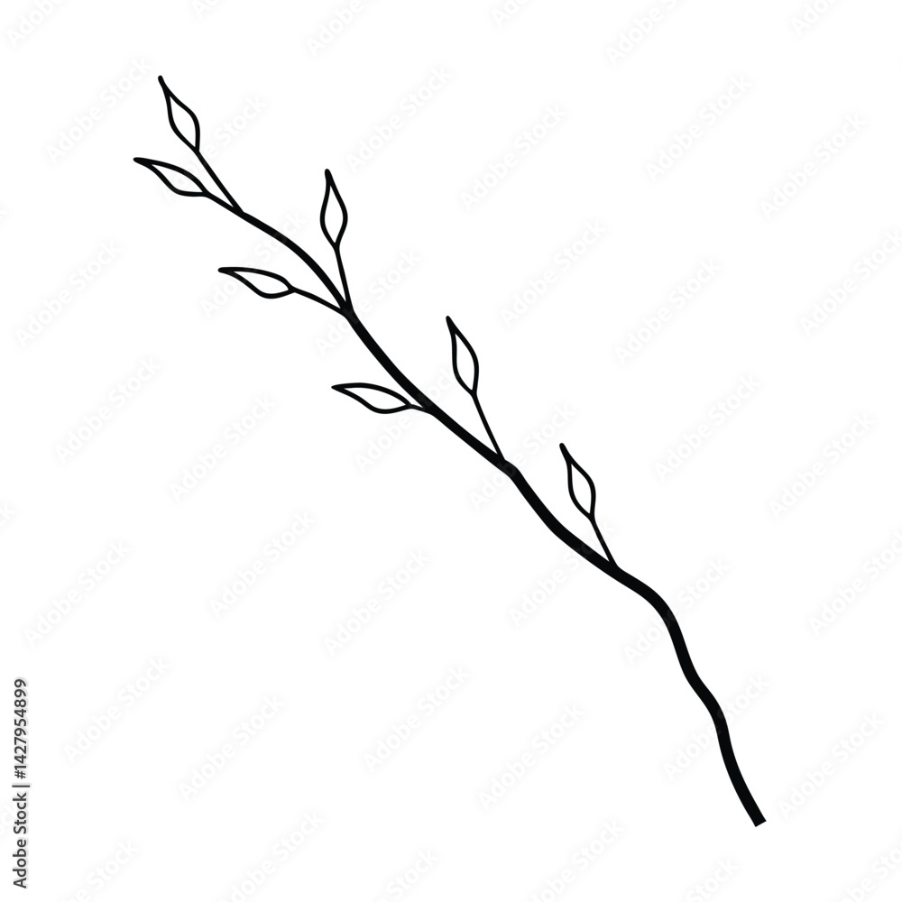 Fototapeta premium Minimalist botanical illustration of a twig with emerging leaves simple black and white hand drawn floral element