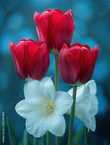 A bouquet of red and white tulips, daffodils mix flower with green stems and leaves against blurred background.