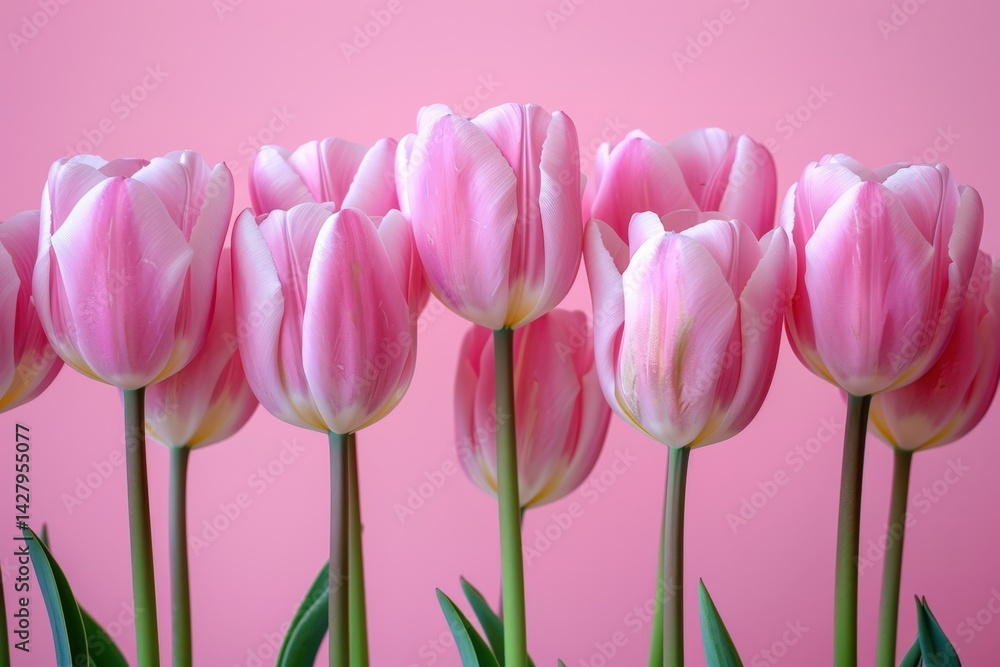 A collection of pink tulips with green leaves are arranged on a pink background, creating a visually appealing display.