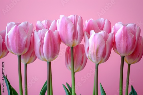 Obraz na płótnie A collection of pink tulips with green leaves are arranged on a pink background, creating a visually appealing display. w salonie