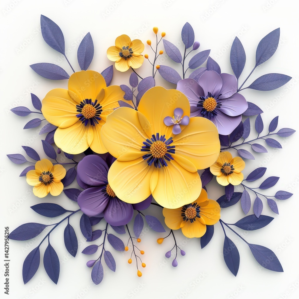 A bouquet of yellow and purple paper flowers with green leaves on a white background.