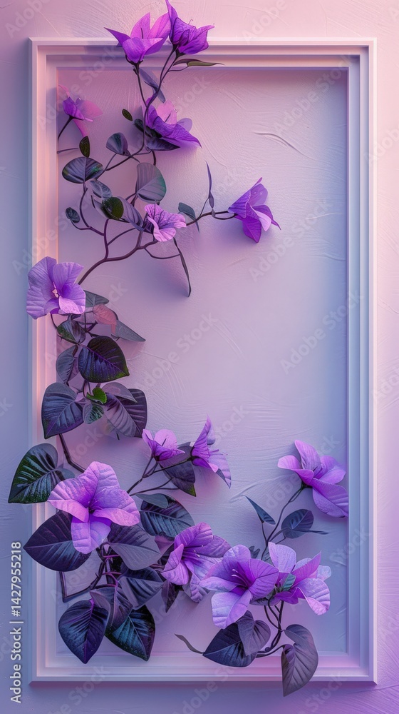 Purple flower and leaves frame for wedding, birthday, invitation card, wallpaper, spring decoration etc.