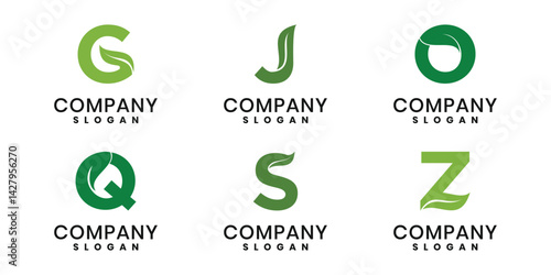 Eco friendly letter logo set with green leaf elements