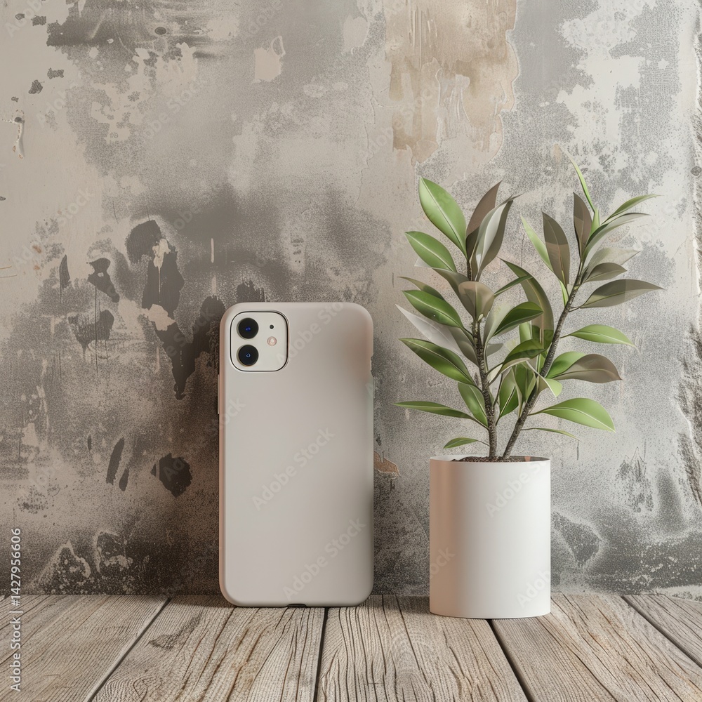 Phone and Plant on Wooden Table