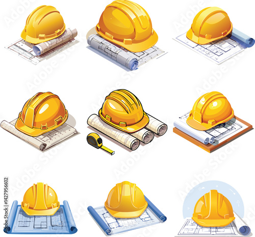 Yellow helmet and project drawings blueprint engineer architecture