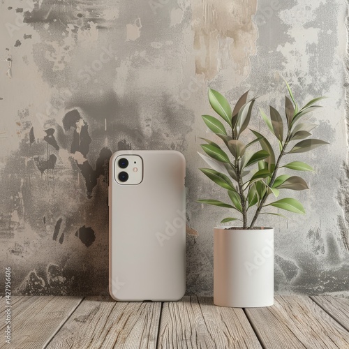 Obraz na płótnie Phone and Plant on Wooden Table w salonie