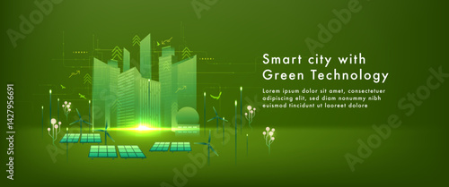 Futuristic smart city with green technology concept, featuring solar panels, wind turbines, and eco-friendly digital infrastructure on green background.