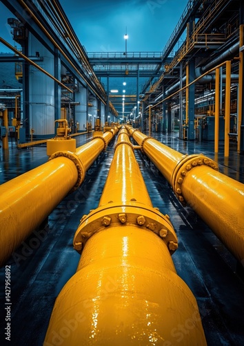 High-pressure natural gas pipeline infrastructure: massive industrial gas compressor station with interconnected pipes