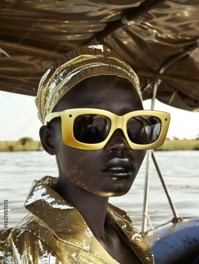 African Woman in Gold Sunglasses and Headwrap at The Beat for Summer Trip Photo.Fictional Character Created By Generative AI