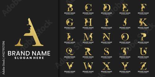Elegant gold alphabet logo with woman face silhouette