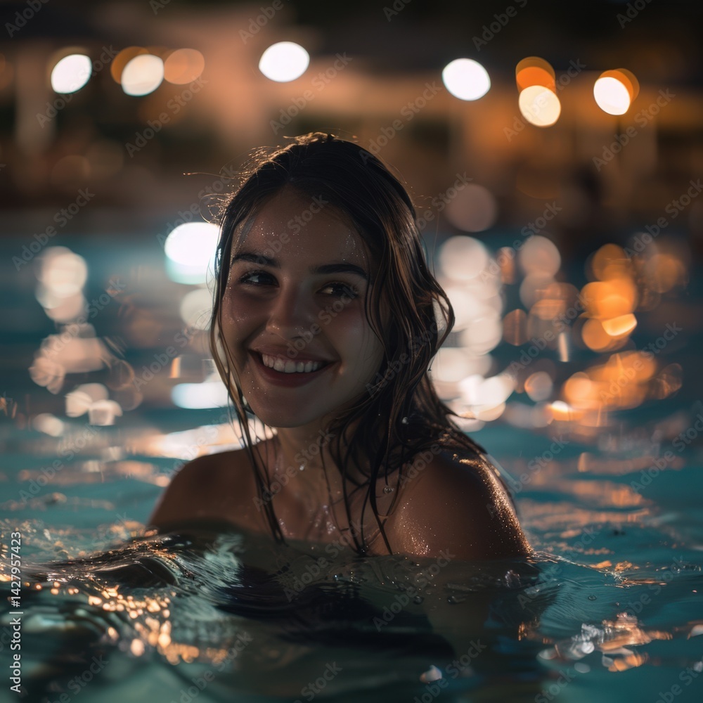 Indian Woman in Pool at Night for Summer Holiday photo.Fictional Character Created By Generative AI