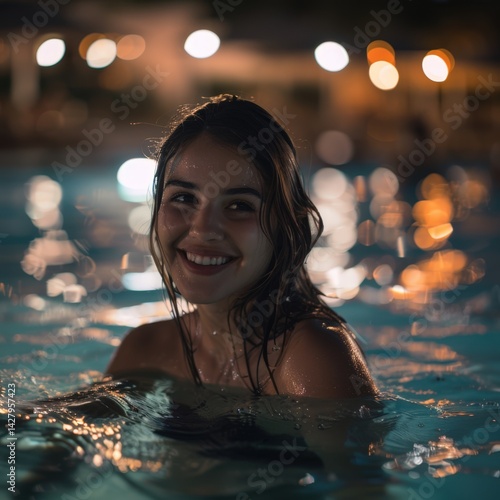 Obraz na płótnie Indian Woman in Pool at Night for Summer Holiday photo.Fictional Character Created By Generative AI w salonie