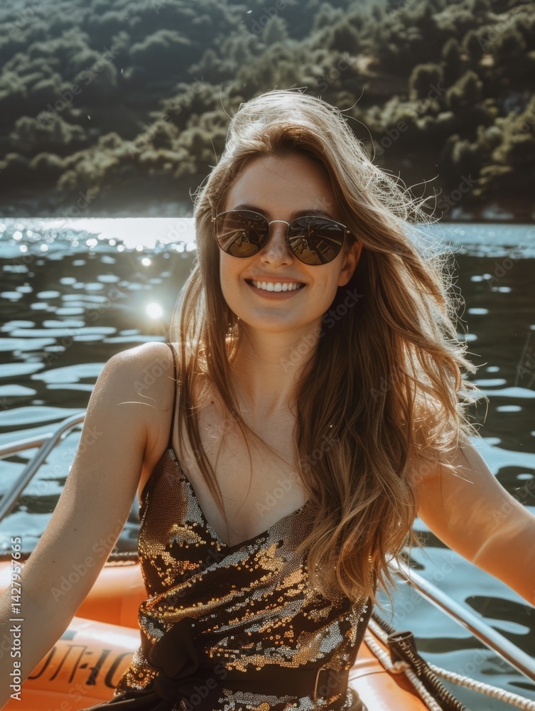 Beautiful Indian Woman Riding Boat at Summer Trip Photo.Fictional Character Created By Generative AI