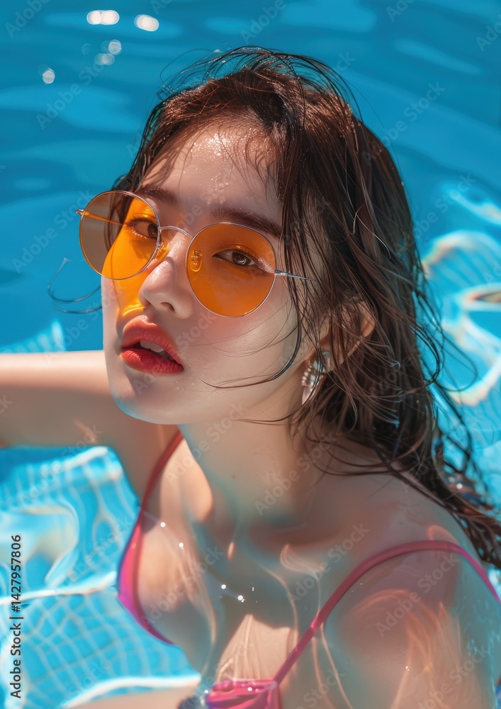 Beautiful Asian Woman in Pink Bikini and Sunglasses in Swimming Pool for Summer Holiday Photo.Fictional Character Created By Generative AI