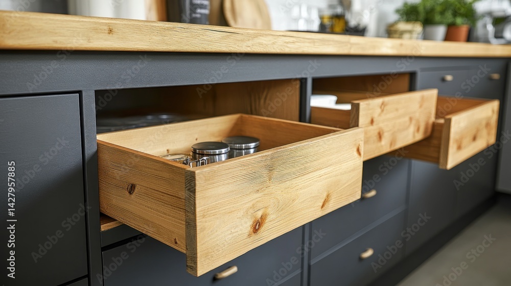 Fototapeta premium Modern kitchen drawers showcasing light wood interiors.