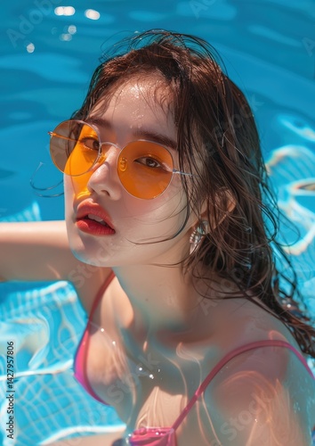 Beautiful Asian Woman in Pink Bikini and Sunglasses in Swimming Pool for Summer Holiday Photo.Fictional Character Created By Generative AI