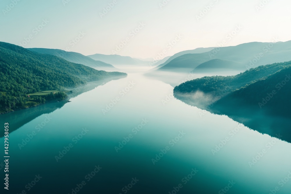 Obraz premium Serene mountain lake, mist-filled valley