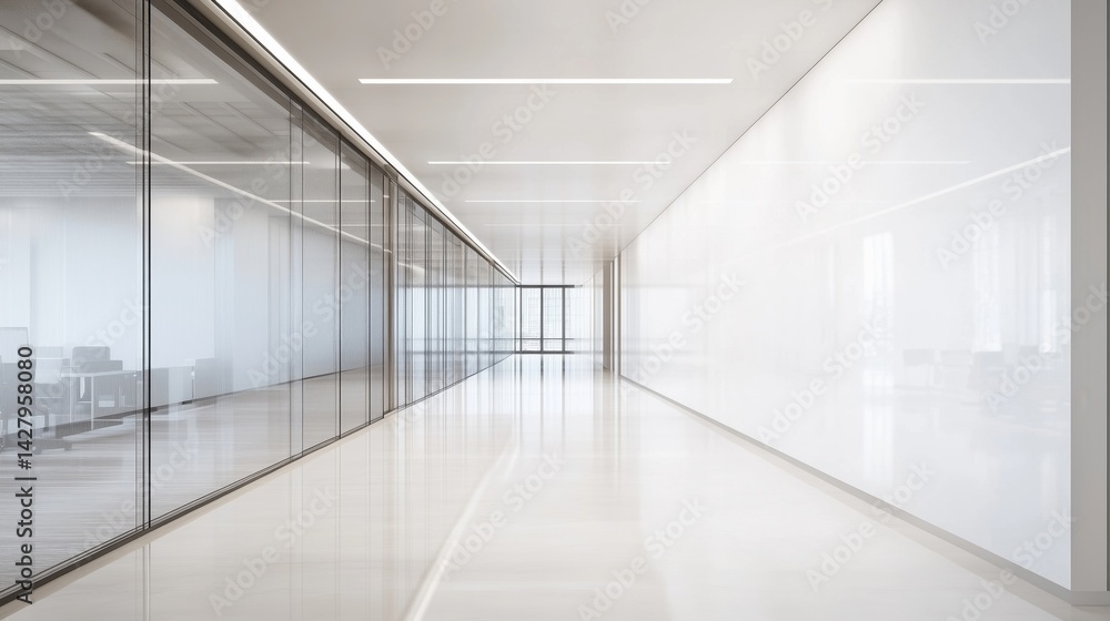 Bright natural light illuminates a wide empty white wall in a modern office hallway, neutral tones, clean minimalist design Bright natural light illuminates a wide empty white wall in a modern office hallway, neutral tones, clean minimalist design