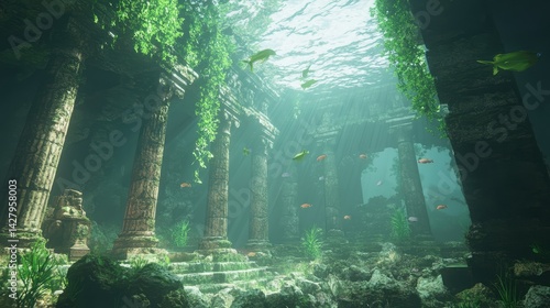 an underwater temple in the middle of the ocean with fish swimming in front of it