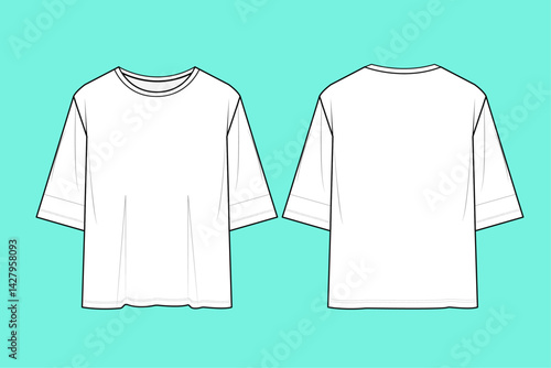 Men's drop shoulder Short sleeve T-shirt Technical Fashion flat sketch outline CAD mockup template front and back views.