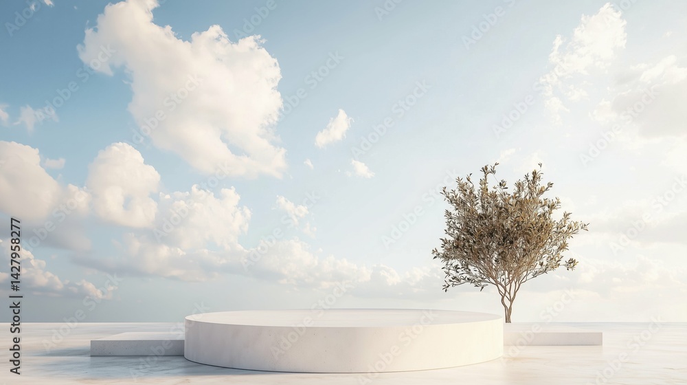 Fototapeta premium Elevated product presentation platform: nature inspired podium under a dramatic expansive sky