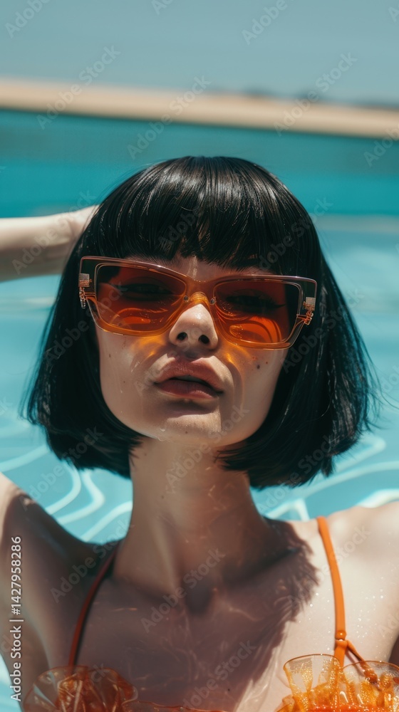 Stylish Woman in Sunglasses Relaxing in Pool for Summer Holiday Photo.Fictional Character Created By Generative AI