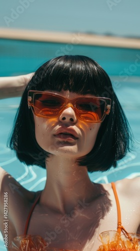 Stylish Woman in Sunglasses Relaxing in Pool for Summer Holiday Photo.Fictional Character Created By Generative AI