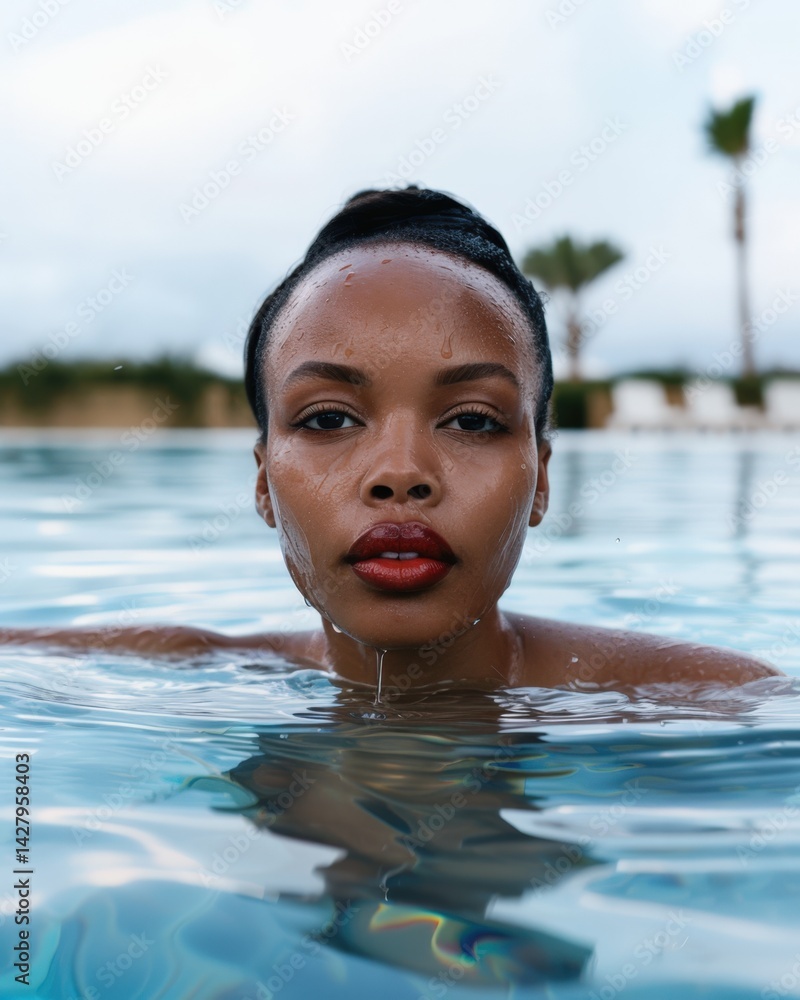 Afro American Woman in Pool for Summer Holiday photo.Fictional Character Created By Generative AI