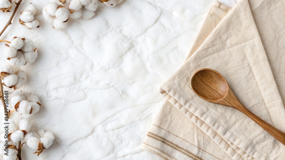 Fototapeta premium Cotton napkin and wooden spoon on a linen background for natural kitchen design inspiration