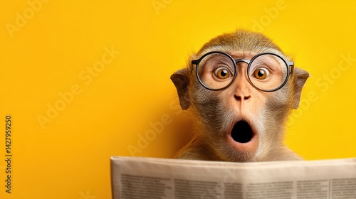 Surprised monkey reading a newspaper with glasses